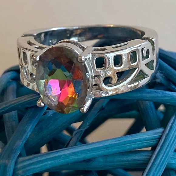 Women’s Sterling Silver Mystic Topaz 925 Thick Band Cocktail Ring Sz 6.75 - Picture 2 of 6
